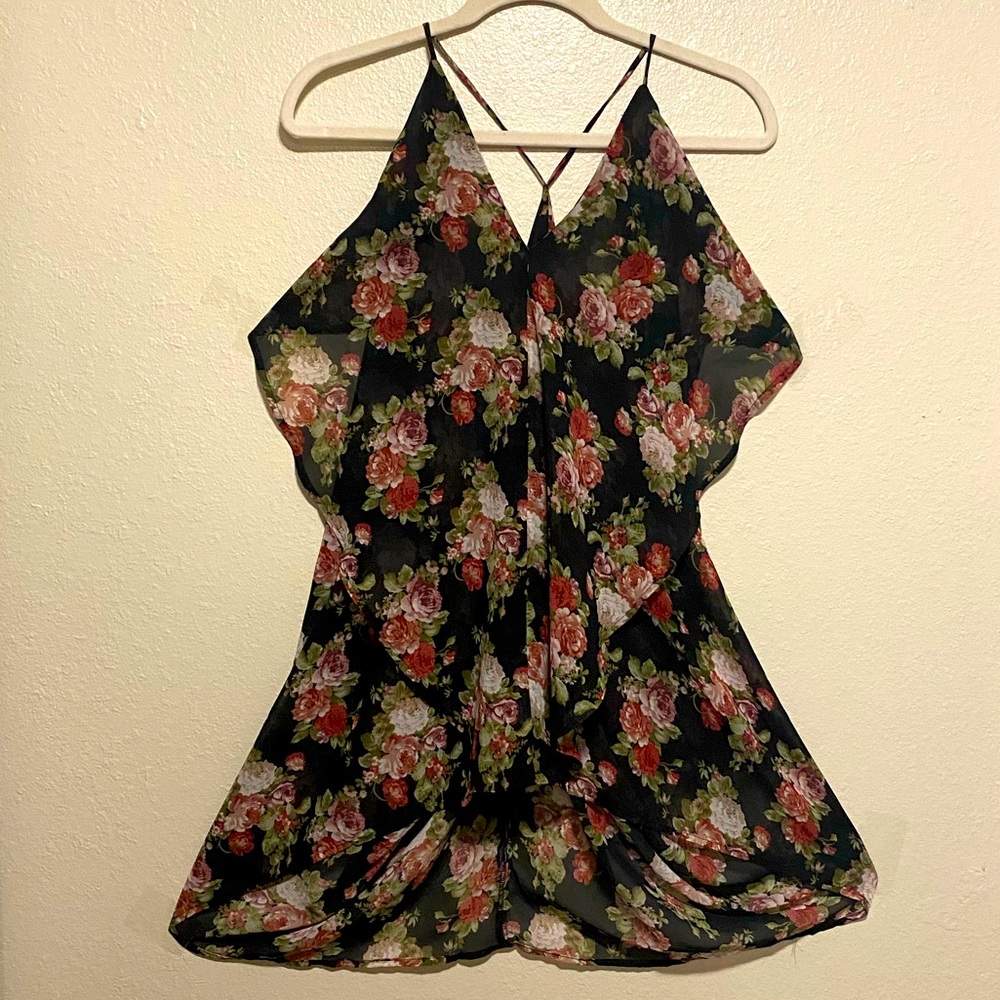 Semi Sheer Floral Asymmetrical Mini Dress Black Rose Print Strappy Small - Picture 2 of 7